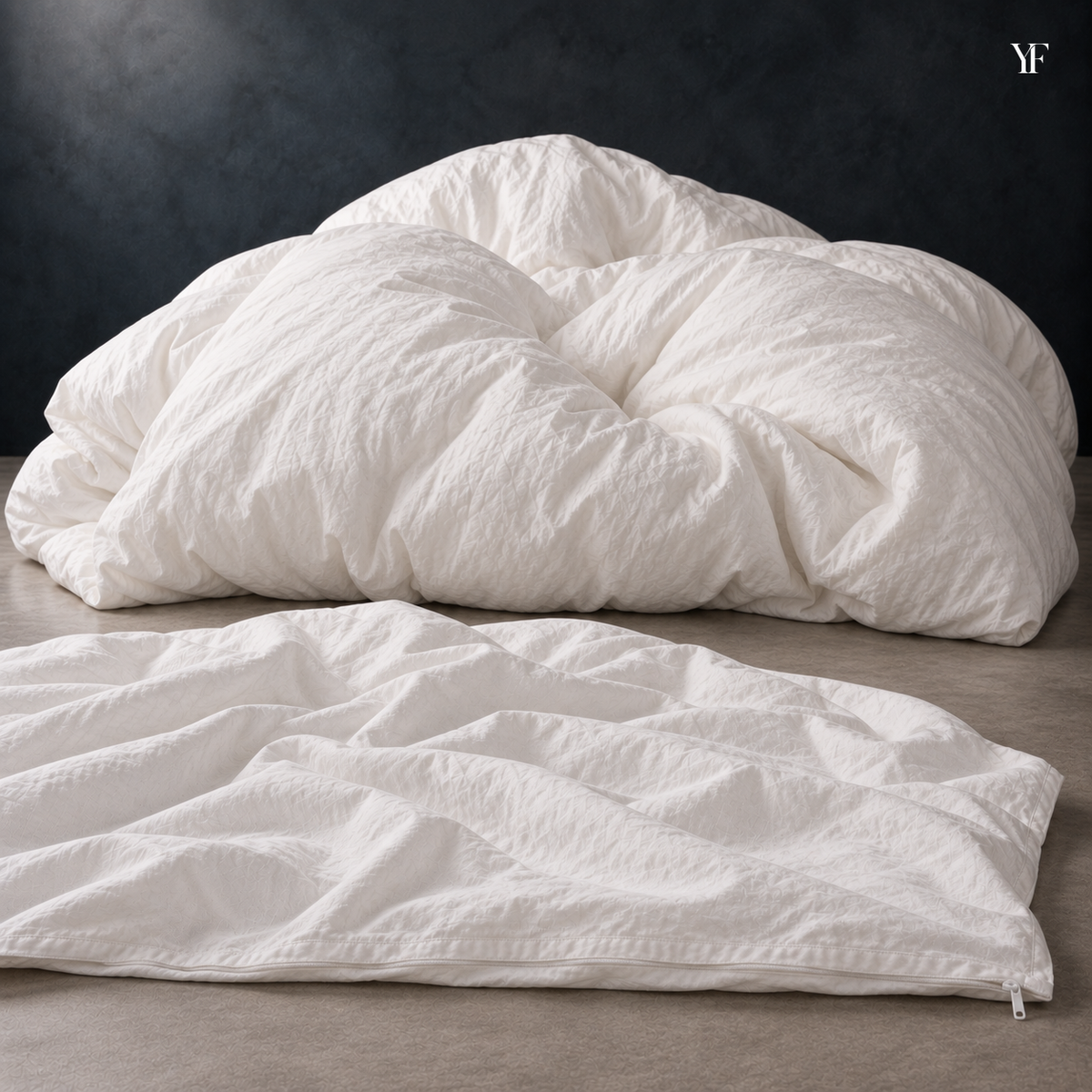 An empty white duvet cover laid in front of the lofted Cloud duvet.