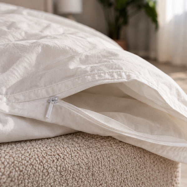 The concealed zipper along the foot edge of the Cloud Duvet Cover, partly open