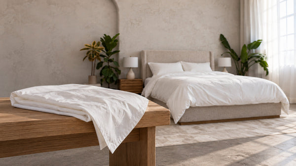 A spare Cloud Duvet Cover folded on a bench at the foot of a made bed on wash day