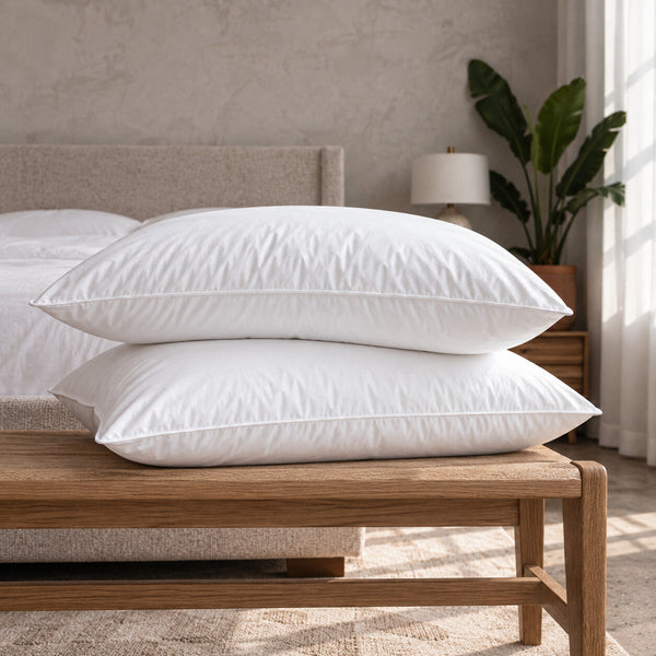 The two Cloud Pillows included in the Cloud Sleep Set, stacked on a wooden bench