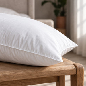 Close up of a Cloud Pillow's piped knife edge and cotton sateen shell