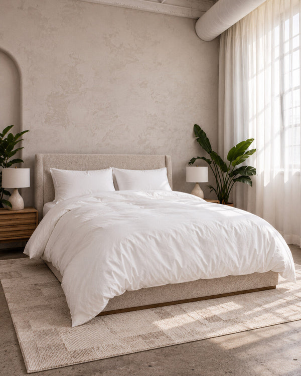 The Cloud Sleep Set made up in a full bedroom