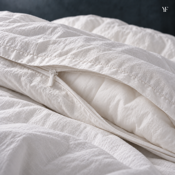The white duvet cover partly unzipped, showing its concealed zipper and the insert inside.