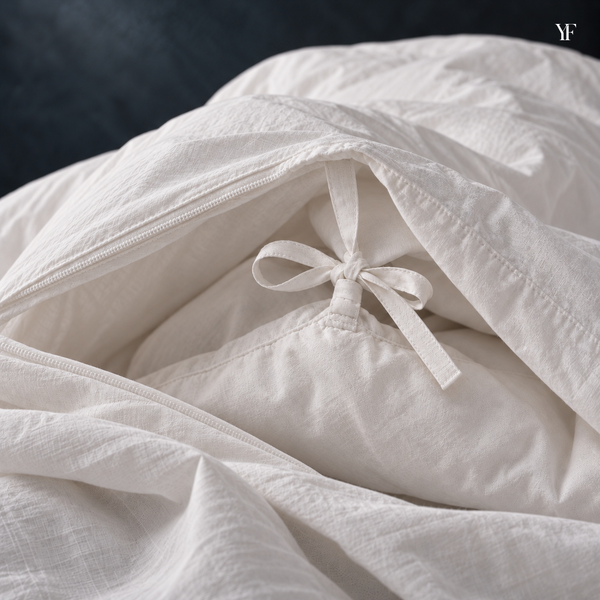 A white cotton tie fastened in a bow around the duvet loop inside its cover.